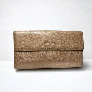 Coach Gold Leather Trifold Wallet With Snap Closure & Card Slots